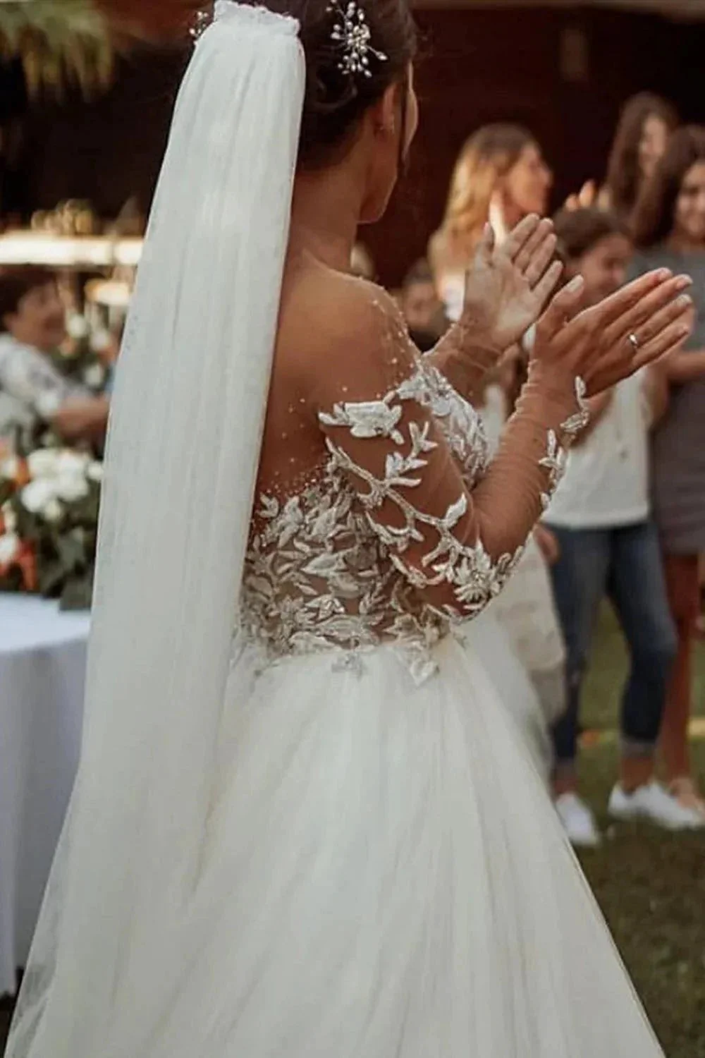Long Sleeve A-line Sweetheart Tulle Lace Wedding Dress - Image 4