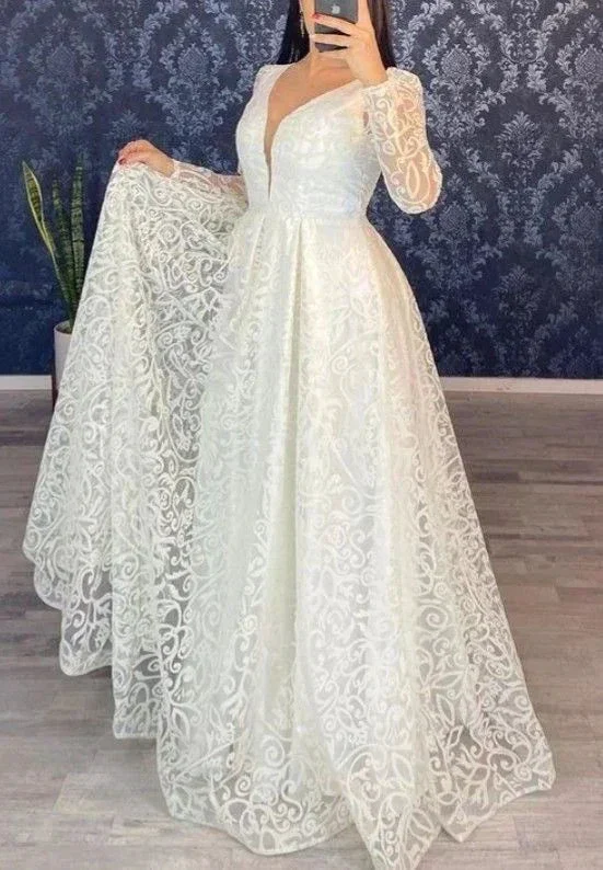 Long Sleeve A Line V Neck Lace Wedding Dress Bridal Gown Y5003 - Image 2