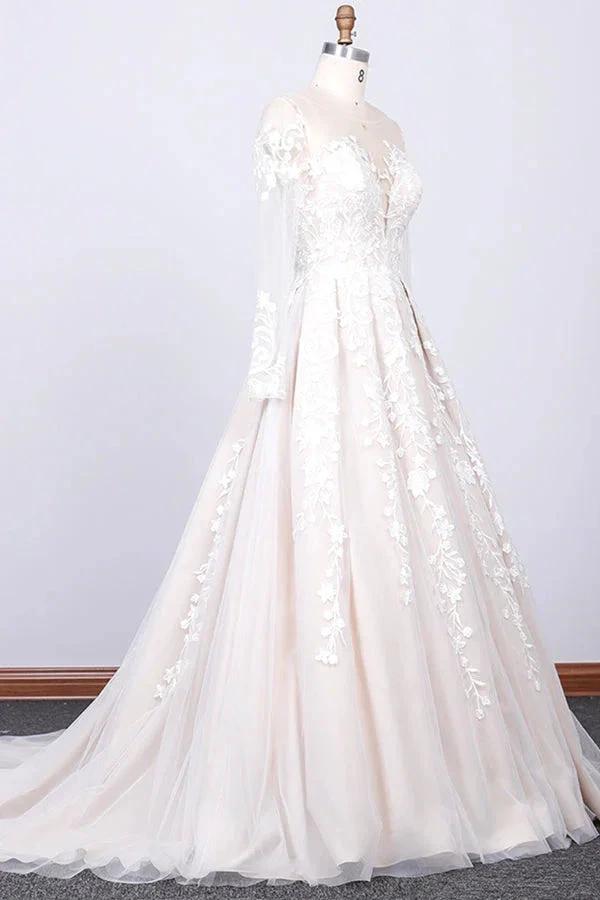 Long Sleeve Appliques Lace Tulle A-line Wedding Dress - Image 2