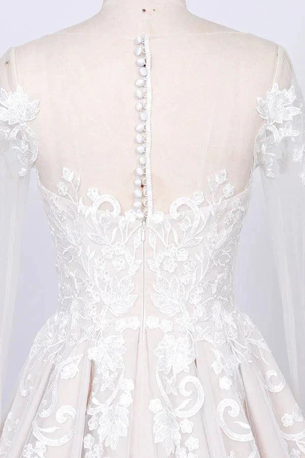 Long Sleeve Appliques Lace Tulle A-line Wedding Dress - Image 3