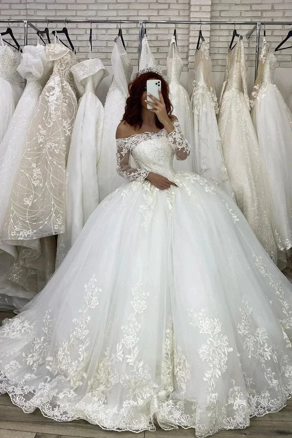Long Sleeve Ball Gown Off The Shoulder Illusion Wedding Dress - Image 2