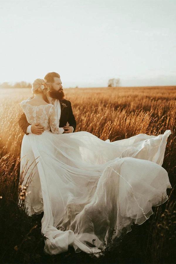 Long Sleeve Bateau See-through Bodice A-line Wedding Dress WD406 - Image 2