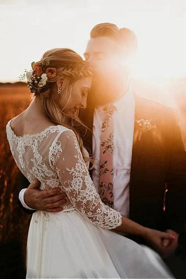 Long Sleeve Bateau See-through Bodice A-line Wedding Dress WD406 - Image 3
