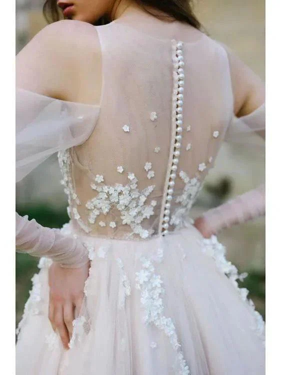 Long Sleeve Beach Wedding Dresses Cold Shoulder Boho Rustic Wedding Dress  WD448 - Image 3
