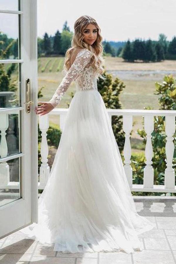 Long Sleeve Ivory Tulle See Through Backless Wedding Dresses   WD302 - Image 2