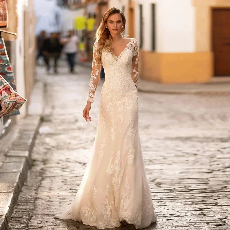 Long Sleeve Lace Mermaid Wedding Dresses  V-Neck Tulle Bridal Gown For Women With For Women Made Robe De Mariee Customize - Image 3