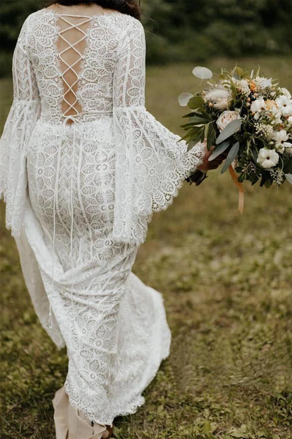 Long Sleeve Lace Wedding Dresses Lace Up Back Beach Wedding Dress  WD547 - Image 4