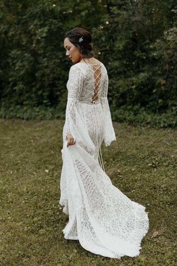 Long Sleeve Lace Wedding Dresses Lace Up Back Beach Wedding Dress  WD547 - Image 5