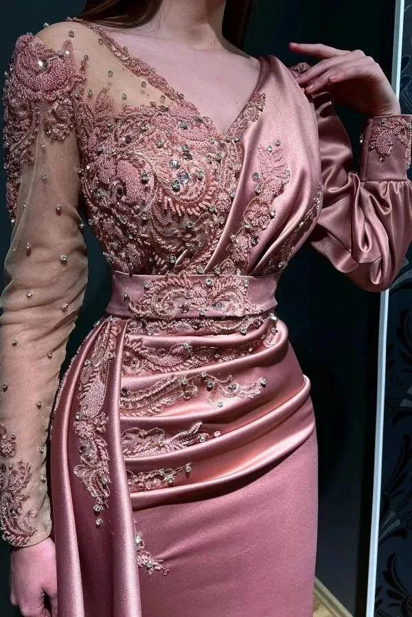 Long Sleeve Meimaid Satin Floor Length Prom Dress with Beads - Image 2
