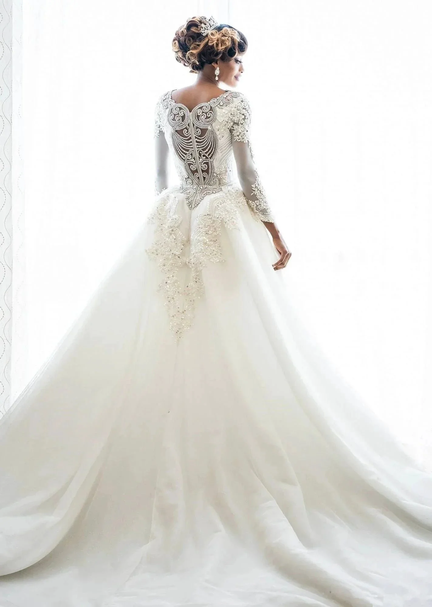 Long Sleeve Mermaid Beads Lace Appliques Wedding Dresses with Overskirt - Image 2