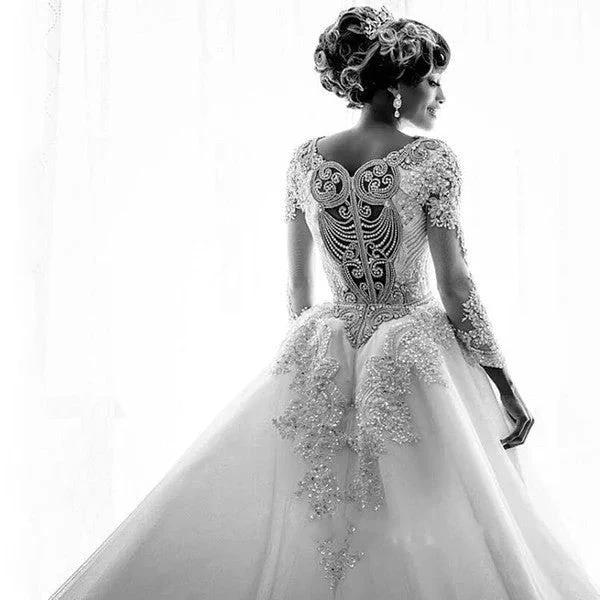 Long Sleeve Mermaid Beads Lace Appliques Wedding Dresses with Overskirt - Image 3