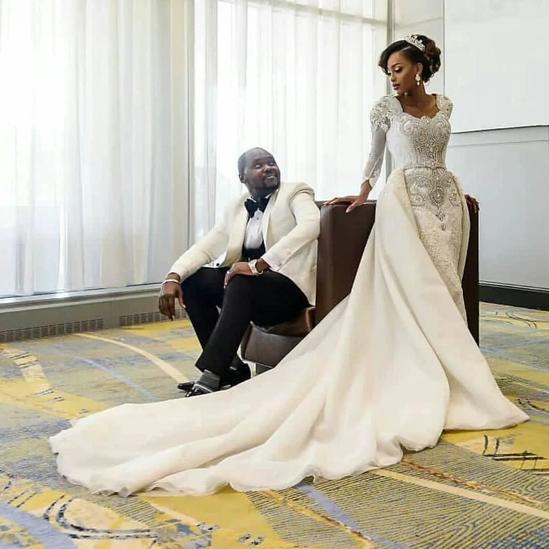 Long Sleeve Mermaid Beads Lace Appliques Wedding Dresses with Overskirt - Image 4