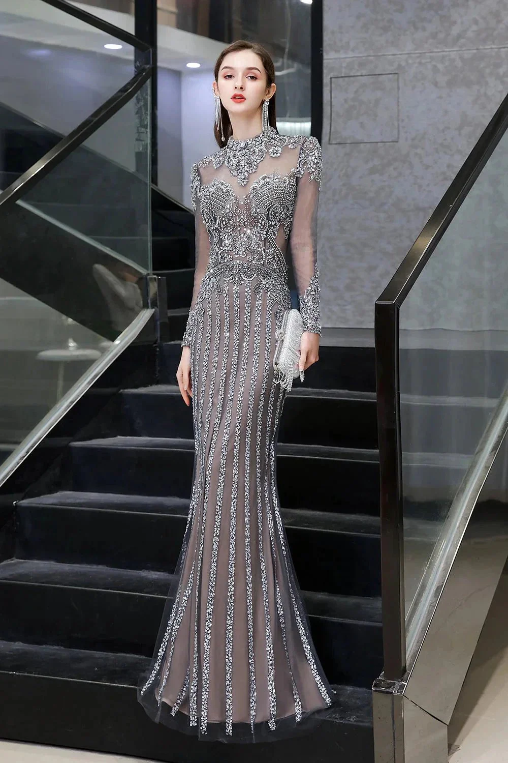Long Sleeve Mermaid Sequins High-Neck Evening Gowns - Image 3