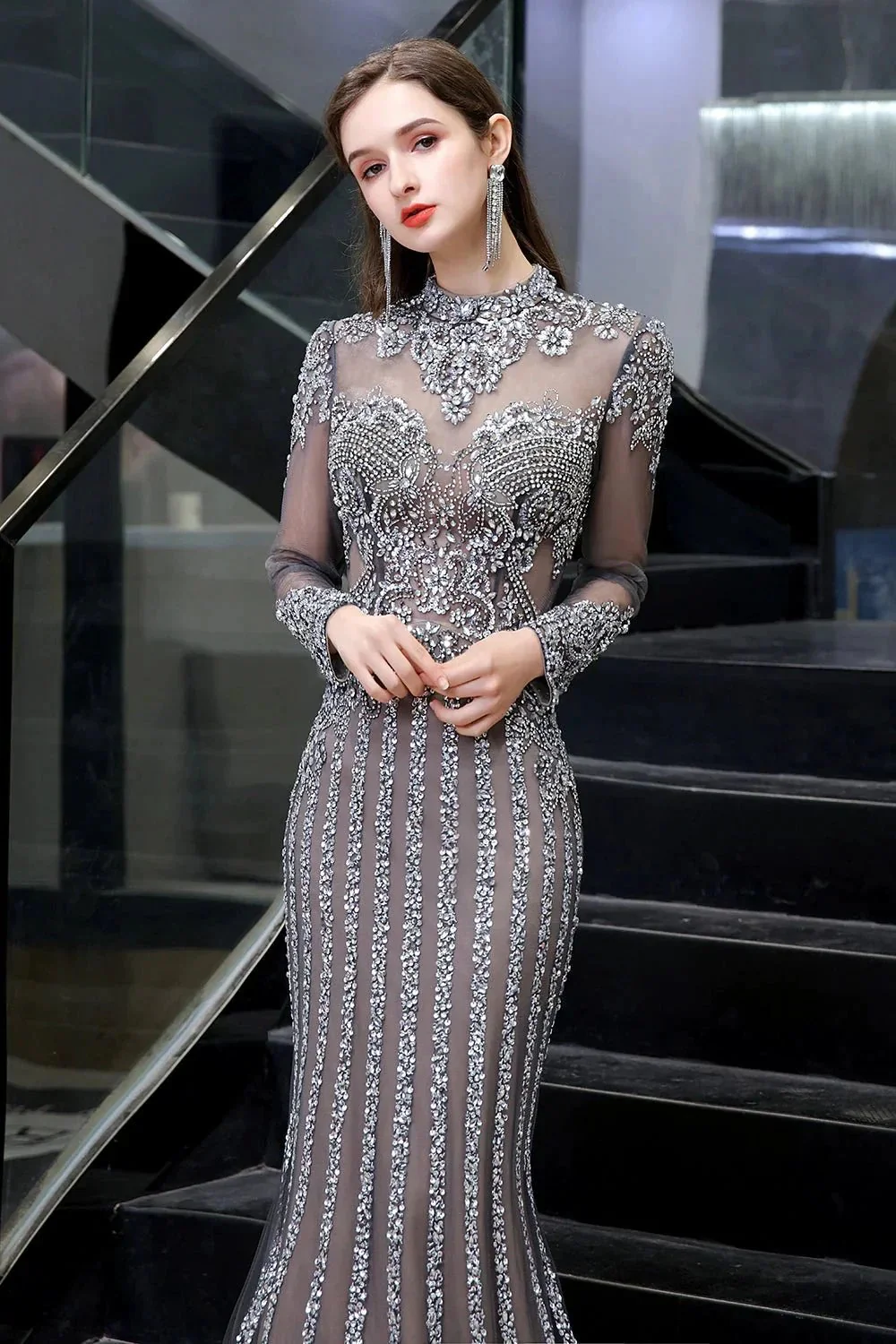 Long Sleeve Mermaid Sequins High-Neck Evening Gowns - Image 8