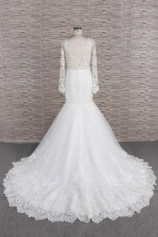 Long Sleeve Mermaid Sweetheart Appliques Lace Backless Wedding Dress - Image 2