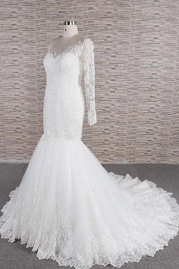 Long Sleeve Mermaid Sweetheart Appliques Lace Backless Wedding Dress - Image 3