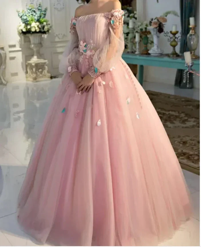 Long Sleeve Prom Dresses, Pearl Pink Ball Gown Long Floral Fairy Prom Dress S24387 - Image 2