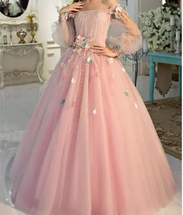 Long Sleeve Prom Dresses, Pearl Pink Ball Gown Long Floral Fairy Prom Dress S24387 - Image 3