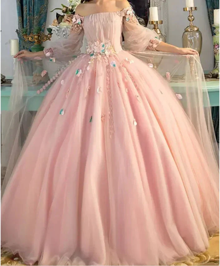 Long Sleeve Prom Dresses, Pearl Pink Ball Gown Long Floral Fairy Prom Dress S24387 - Image 4