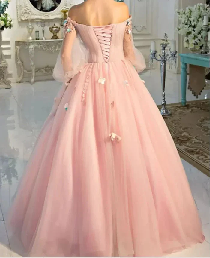 Long Sleeve Prom Dresses, Pearl Pink Ball Gown Long Floral Fairy Prom Dress S24387 - Image 5
