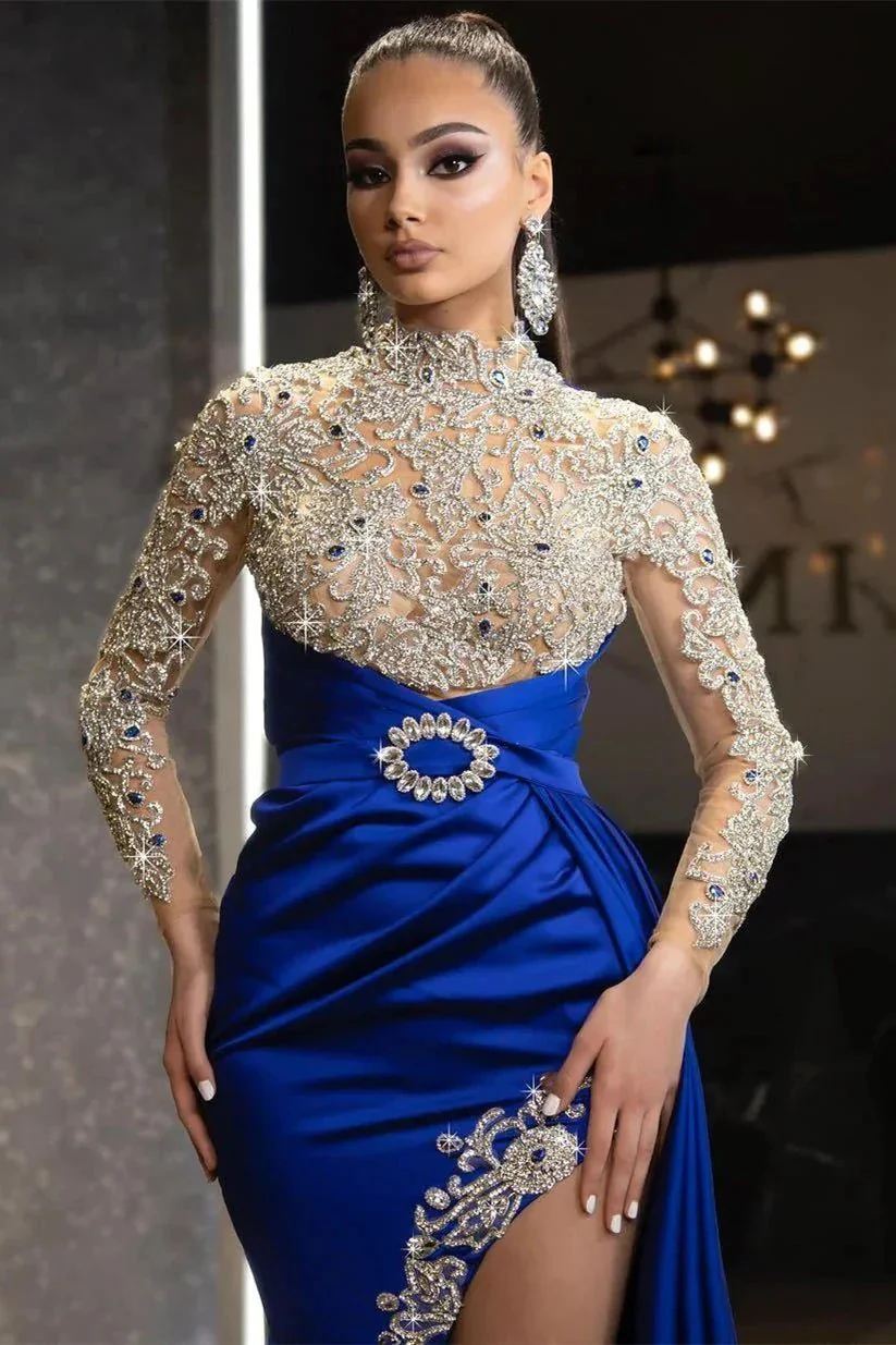 Long Sleeve Royal Blue Elegance Prom Dress with Beaded Details and Ruffled Split - Image 2