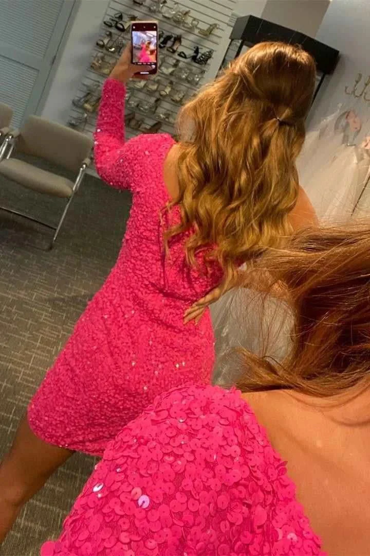 Long Sleeve Sequined Hot Pink Homecoming Dress SYH18 - Image 2