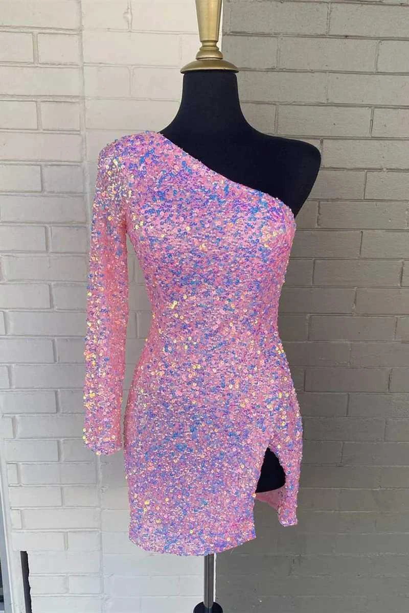 Long Sleeve Sequined Hot Pink Homecoming Dress SYH18 - Image 3