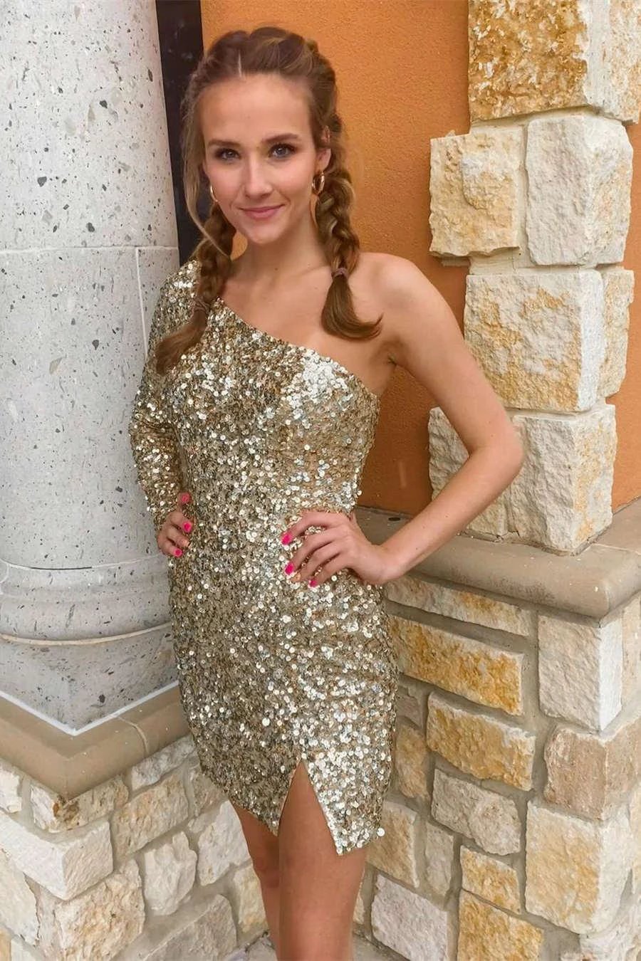Long Sleeve Sequined Hot Pink Homecoming Dress SYH18 - Image 4