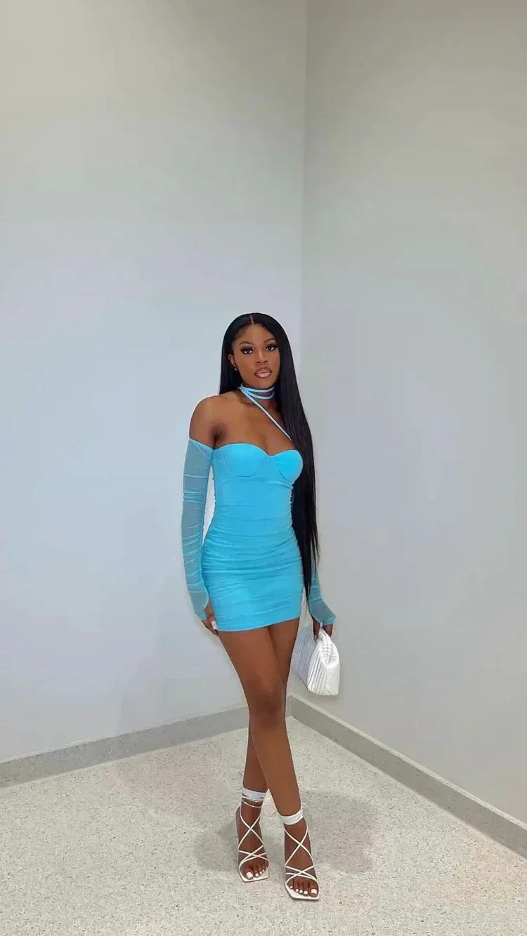 Long Sleeve Sweetheart Neck Mesh Mini Dress Sexy Blue Mini Homecoming Dress Y4135 - Image 2