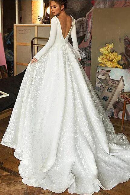 Long Sleeve V-neck Boho Bridal Gowns Satin Backless Lace Wedding Dress - Image 2
