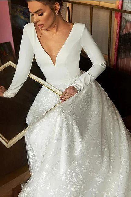 Long Sleeve V-neck Boho Bridal Gowns Satin Backless Lace Wedding Dress - Image 3