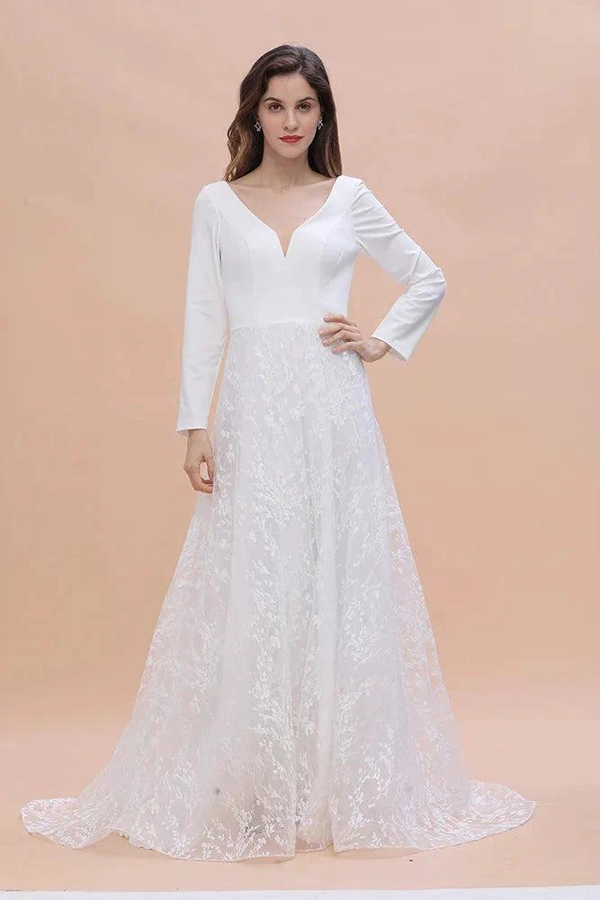 Long Sleeve V-neck Boho Bridal Gowns Satin Backless Lace Wedding Dress - Image 4