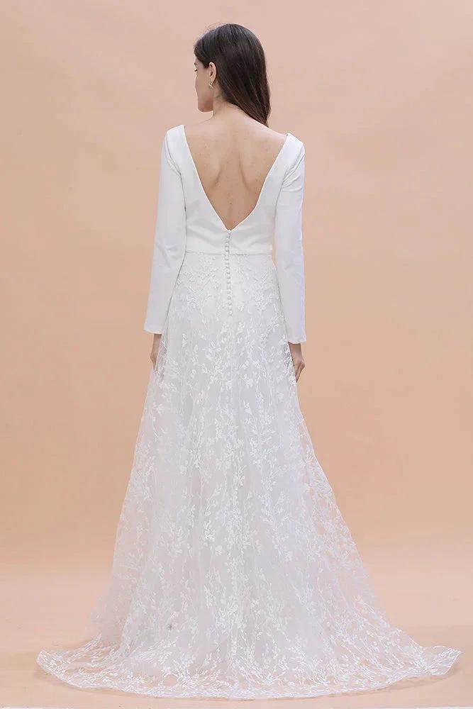 Long Sleeve V-neck Boho Bridal Gowns Satin Backless Lace Wedding Dress - Image 5