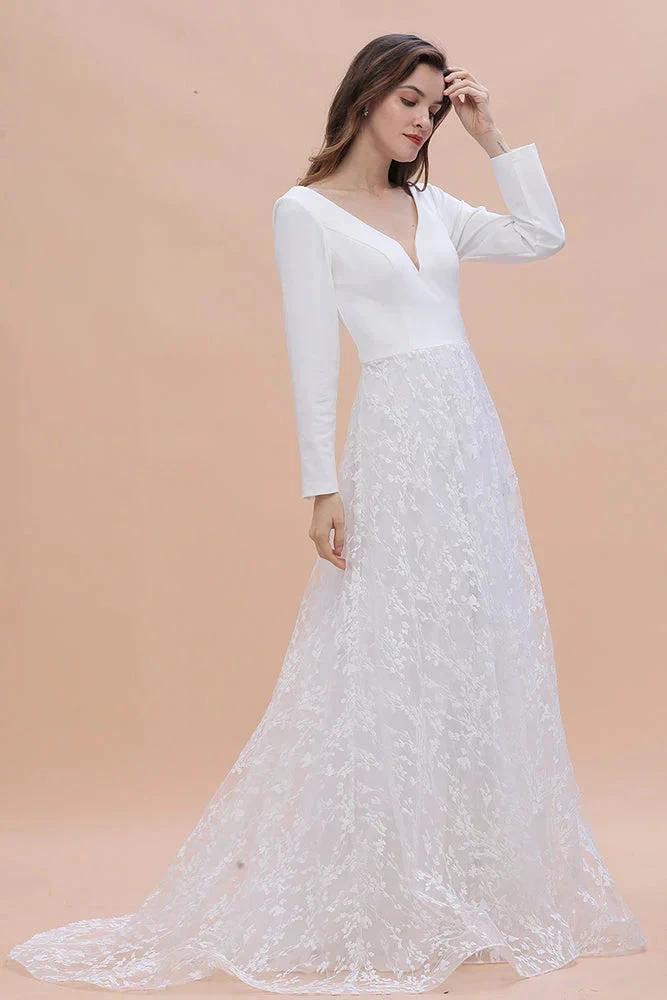Long Sleeve V-neck Boho Bridal Gowns Satin Backless Lace Wedding Dress - Image 6