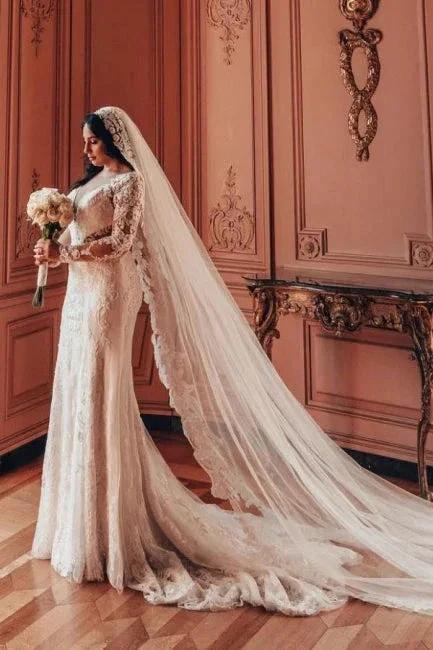 Long Sleeve V-Neck Lace A-Line Stain Wedding Dresses with Ruffles - Image 2