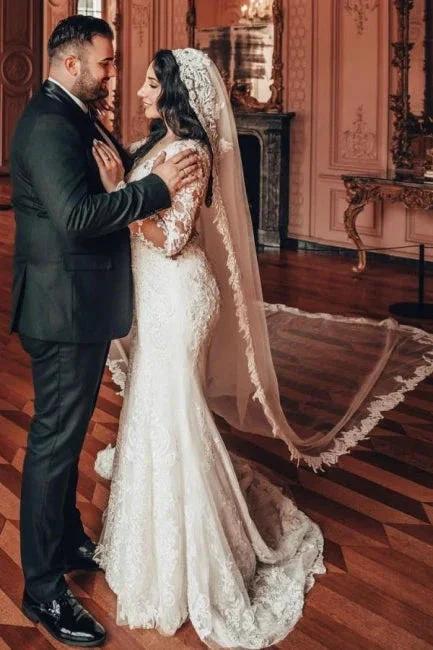 Long Sleeve V-Neck Lace A-Line Stain Wedding Dresses with Ruffles - Image 3