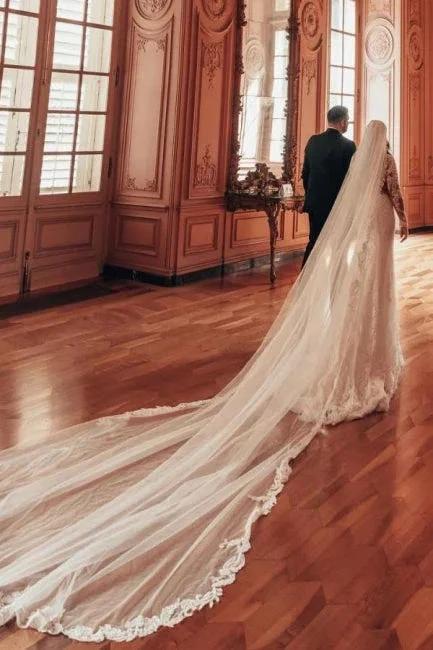 Long Sleeve V-Neck Lace A-Line Stain Wedding Dresses with Ruffles - Image 4