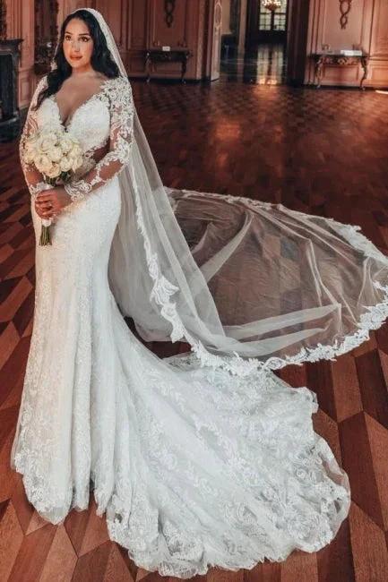 Long Sleeve V-Neck Lace A-Line Stain Wedding Dresses with Ruffles - Image 5