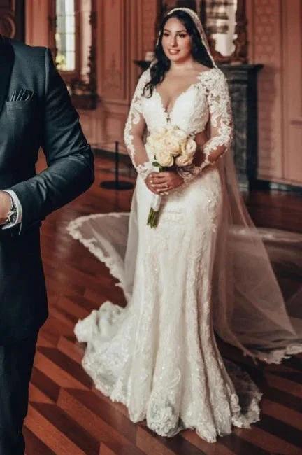 Long Sleeve V-Neck Lace A-Line Stain Wedding Dresses with Ruffles - Image 6