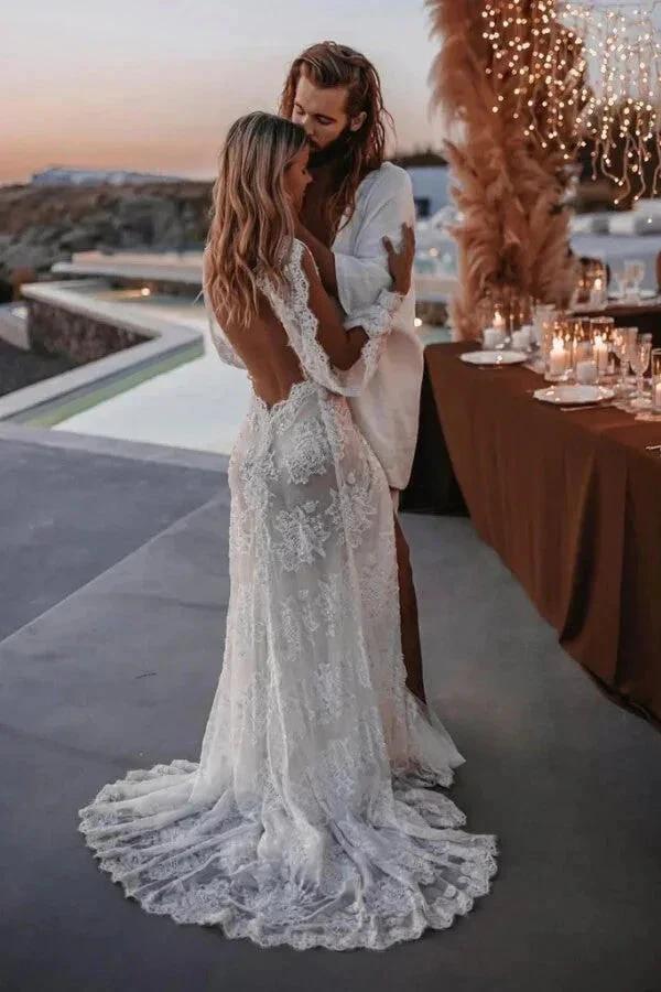 Long Sleeve V-neck Lace Appliques Boho Wedding Dress WD749 - Image 2