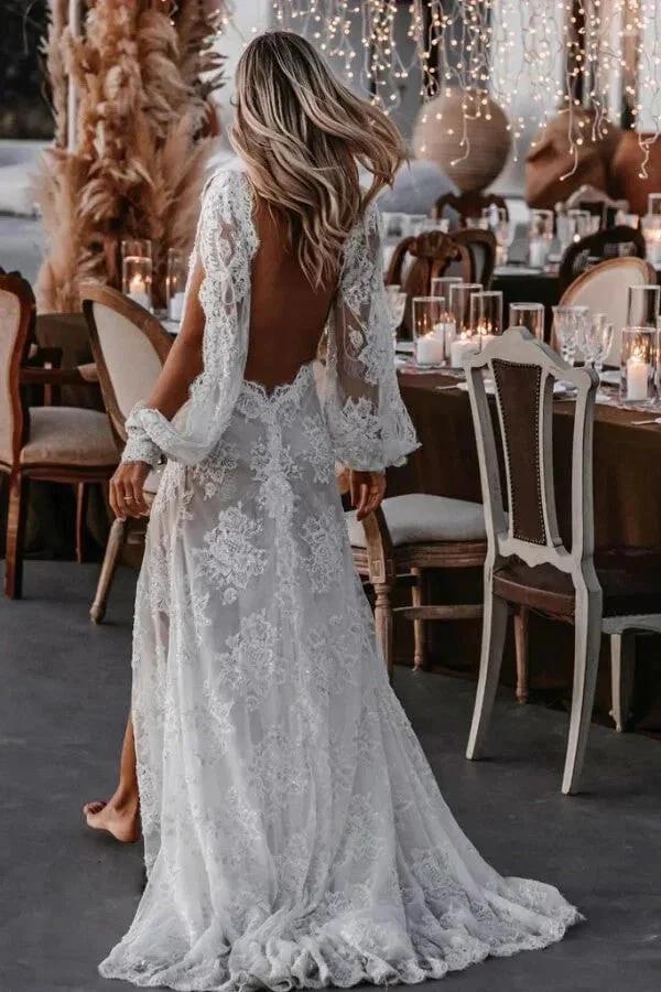 Long Sleeve V-neck Lace Appliques Boho Wedding Dress WD749 - Image 3