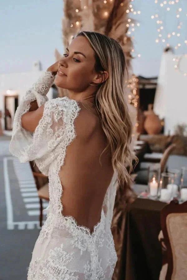 Long Sleeve V-neck Lace Appliques Boho Wedding Dress WD749 - Image 4