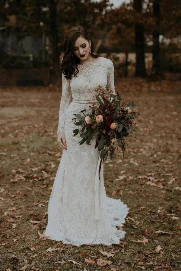 Long Sleeve Vintage Wedding Dress Backless Rustic Bridal Gown WD730 - Image 2