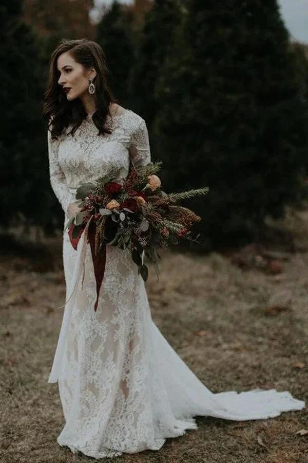 Long Sleeve Vintage Wedding Dress Backless Rustic Bridal Gown WD730 - Image 3