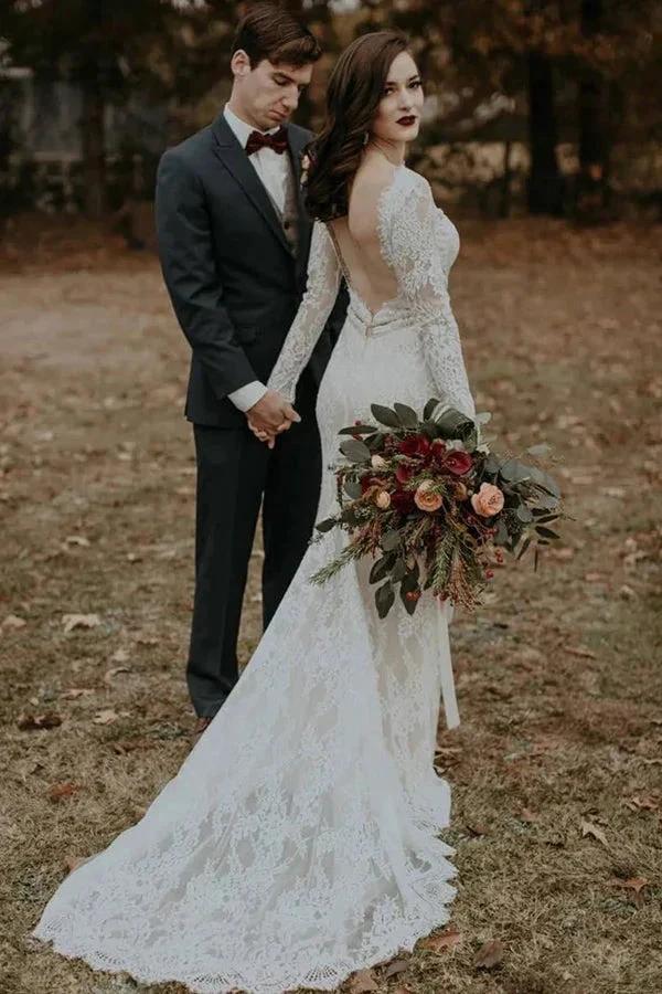Long Sleeve Vintage Wedding Dress Backless Rustic Bridal Gown WD730 - Image 5