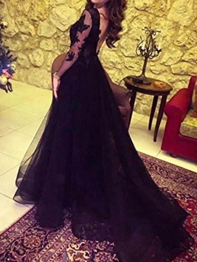 Long Sleeves A-Line Bateau Neck Sweep Brush Train Lace Prom Dresses with Slit - Image 2