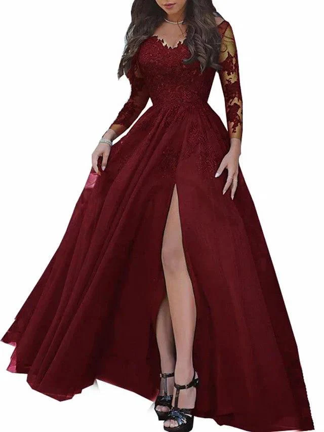 Long Sleeves A-Line Bateau Neck Sweep Brush Train Lace Prom Dresses with Slit - Image 3