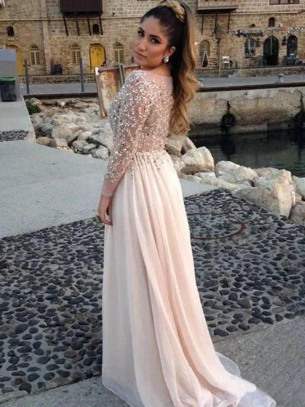 Long Sleeves A-Line/Elegant Bateau Beading Floor-length Chiffon Dress - Image 2