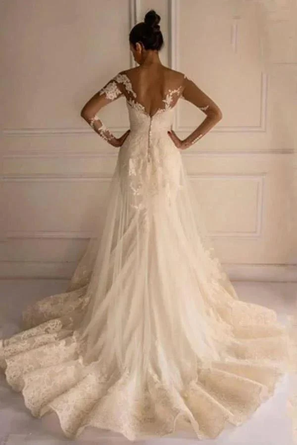 Long Sleeves Appliques Button Floor-Length Mermaid Wedding Dress WD151 - Image 2