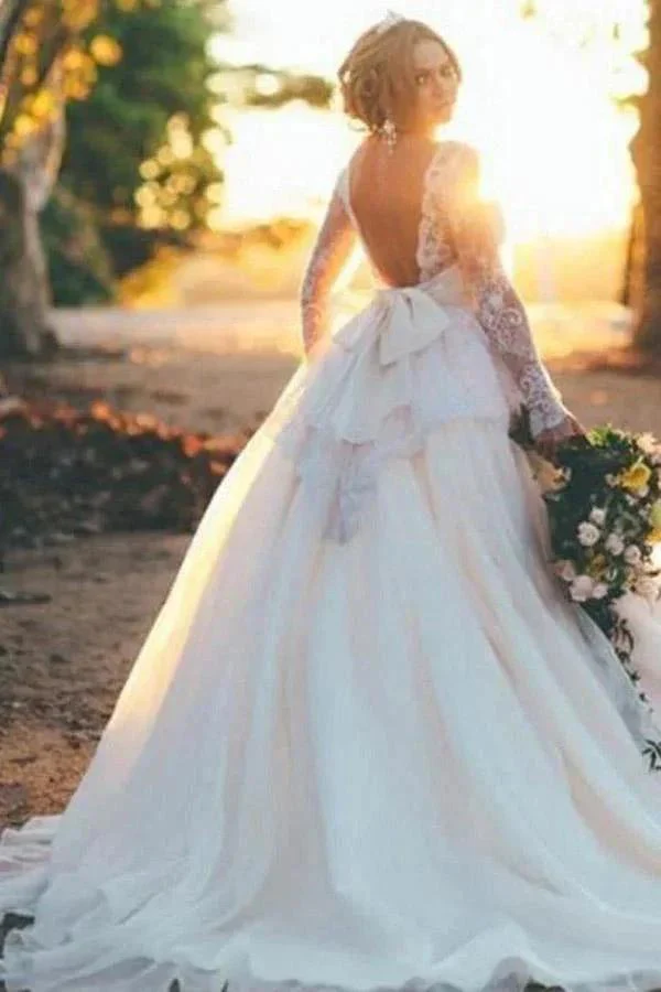 Long Sleeves Ball Gown Organza Wedding Dress with Beading Lace Top WD164 - Image 2